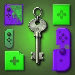 key to psy glitch switches, some green and purple, art by art rene magritte