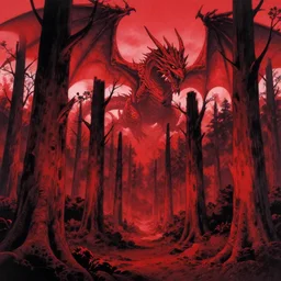 detailed landscape of a forest in hell by takeshi obata, hell, dragons in the sky!!, red and black!!, big trees with faces!!, scary faces,, faces screaming in the ground!!, night sky, highly detailed, cgsociety, artstation, pencil and ink, very detailed
