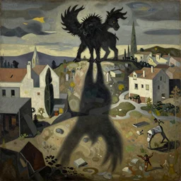 shadow of the colossus secene, el guernica painting style,