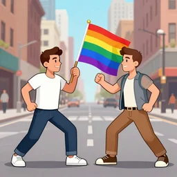 cartoon of two gay men fighting over a rainbow flag in a major city street, in the style of adamtots aka adam elkis