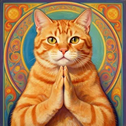 Orange tabby cat bodhisattva, praying, prayer hands, 1967 psychedelic portrait art by artgerm and greg rutkowski and alphonse mucha