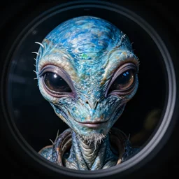 fish eye lens close up photograph of a alien with blue skin and a goatee side eyeing the camera with a sympathetic look