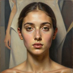 detailed portrait in femininity, realistic face sculpted features, ethnic, exotic, arabic, clear eyes, statuesque, warm glowing skin, chiaroscuro, tangible, angular impressionism, arabesque backdrop, contemporary, modern fashion, natural colors, greg rutkowski and gaston bussiere and j. c. leyendecker