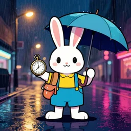a time traveling rabbit holding a pocket watch and an umbrella, rainy night, city lights, streetlights, digital art, sharp, 1 9 8 0 s style