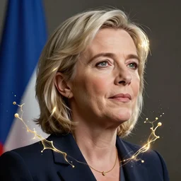 Portrait of Marine Le Pen, french flag, amazing splashscreen artwork, splash art, head slightly tilted, natural light, elegant, intricate, fantasy, atmospheric lighting, cinematic, matte painting