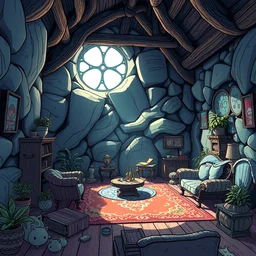 photo cartoon illustration comics manga painting of main roomenvironement : 6 fantasy environement, digital painting, unreal engine, 8 k, volumetric lighting, contrast by john kirby by carl warner and jim woodring, trending on artstation