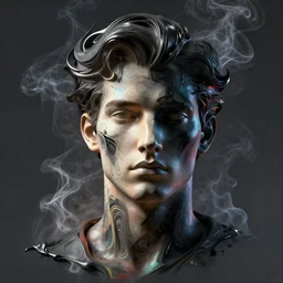 epic concept art. abstract male supermodel face silhouette mixing with black and color liquid fluid. abstract sculpture. art deco swirls. smoke simulation, vfx, cinema 4 d, tyflow. masterpiece, michelangelo. concept art, film still, game art, matte painting. radiant light, realistic. greg rutkowski, wlop, victo ngai, kandinski, aki