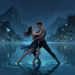 portrait of a dance couple in a magical lake, half submerged in water, highly detailed, digital painting, artstation, night scene with moutains with glowing sprites, wlop concept art, smooth, sharp focus, illustration, art by dreadjim, craig mullins and greg rutkowski, 8 k