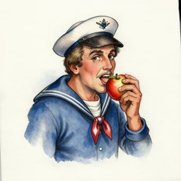 a old tattoo of a sailor from the 1 9 4 0 s eating a honeycrisp apple, blues and whites, sketching, watercolor, color restoration, high quality