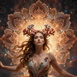 ridiculously beautiful young woman tripping, coral fractals radiating from head with sacred geometry, natural, dimensions, symmetrical, in the style of ernst haeckel, effervescent, warm, photo realistic, epic and cinematic,