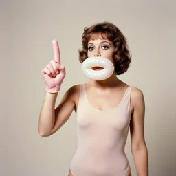 1976 woman wearing an inflatable plastic mouth, soft color,wearing a leotard 1976 holding an anthropomorphic finger, color film 16mm Almodovar John Waters Russ Meyer Doris Wishman old photo