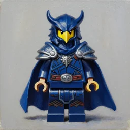 minifigure of a kenku raven knight in a flowing indigo cloak and armor. oil on canvas by lead character artist