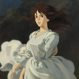 painting of a beautiful woman staying in the wind with her dress blowing in the wind, highly detailed, by john william waterhouse, artstation, surreal, dramatic lighting, close up, studio ghibli