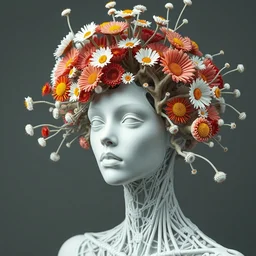 beautiful porcelain ivory woman biomechanical cyborg, close - up, sharp focus, studio light, iris van herpen haute couture headdress made of rhizomorphs, daisies, brackets, colorful corals, fractal mushrooms, puffballs, octane render, ultra sharp, 8 k