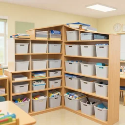 third grade classroom, entire room is filled with organizational bins from floor to ceiling