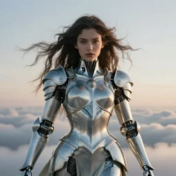 symmetry! closeup portrait of a beautiful biblical diabolical agile girl, in reflective porcelain cyborg armor, in clouds, cinematic studio light! windy, sunrise, by gerald brom, by mikhail vrubel, by peter elson, high contrast, muted colors, extreme detail, trending on artstation, 8 k