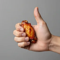 a hyper realistic human hand with bbq chicken wings in the place of thump, 8 k