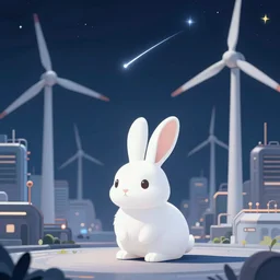 a nighttime industrial futuristic city, wind turbines and shooting stars. A white rabbit in front , jen stark, lisa frank , vortex