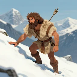 A bearded man during the bronze-age, Ötzi, climbs a snowclad mountain with an arrow stuck in his left shoulder, stunning digital art