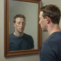 “stunning serene photo of Mark Zuckerberg looking into a mirror and his reflection is a reptilian, oil on canvas, masterpiece, realism, piercing gaze”
