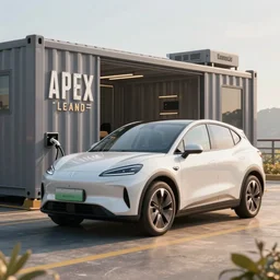 electric vehicle plugged into a sci - fi container from apex legends, daytime, a sense of hope and optimism, hyper realistic, high res, 4 k, warm light, peaceful, serene