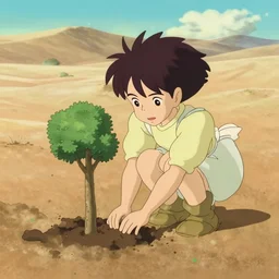 a wholesome animation key shot of nausicaa planting trees alone in the desert by herself, studio ghibli, pixar and disney animation, sharp, disney concept art watercolor illustration by mandy jurgens and alphonse mucha and alena aenami, pastel color palette, dandelion seeds float, bloom, dramatic lighting
