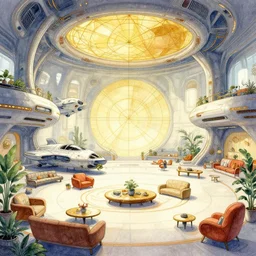 a beautiful illustration of futuristic hangar, lots of furniture, spaceship, waiting room, big medium small, sacred geometry, golden ratio, in watercolor gouache detailed paintings, in style of syd mead, trending on artstation, 8 k, panel, hard surface, vent, zaha hadid, props, plant, cozy, decoration around the room, simon stalenhag, deus ex