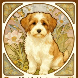 a cute dog in the style of alphonse mucha