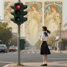 at _ the _ end _ of _ the _ world _ a _ high _ school _ girl _ standing on road waiting at traffic light, highly detailed, deep focus, elegant, digital painting, smooth, sharp focus, illustration, ultra realistic, 8 k, art by artgerm and alphonse mucha and edgar maxence