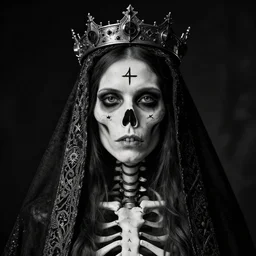 close up portrait of a scandinavian female skeleton with a veil and crown, satanic kvlt by peder balke by peder balke by greg rutkowski, by guido crepax by norman bluhm mystic high contrast monochromatic noir angst pagan magic symbols