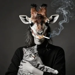 photographic portrait max ernst sad woman giraffe feathers face editorial cigarette smoke, holding a cat