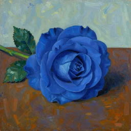 tonemapped still life a single blue rose on a table by seb mckinnon, yoshitaka amano, fauvism