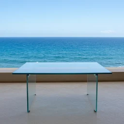 simple cool glass table with view of the blue ocean and blue skies