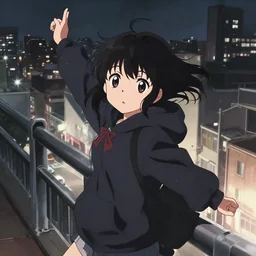 anime visual, portrait of a young black haired girl wearing hoodie and boy sightseeing above the urban city, guardrail, cute face by yoh yoshinari, katsura masakazu, dramatic lighting, dynamic pose, dynamic perspective, strong silhouette, ilya kuvshinov, anime cels, 1 8 mm lens, fstop of 8, rounded eyes, moody, detailed