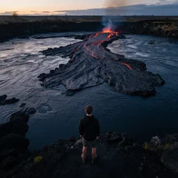 a man standing over a lake of lava, cinematic overhead shot, dim afternoon lighting