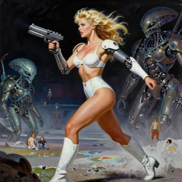 A mixed media portrait painting of a beautiful blonde woman running on an alien planet, very curvy, aesthetic! high-waisted white-bikini-armor and boots, her cybernetic arm holds a ray-gun, aesthetic symmetrical face and eyes, model, wet, pacific-rim-mech in background, by Frank Frazetta, Boris Vallejo, Beeple, Greg Rutkowski, Christian MacNevin, eighties-pinup style, epic fantasy character art, high fantasy, CGsociety, exquisite detail, post-processing, masterpiece, cinematic
