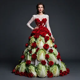 expressive full body photo of a beautifull woman in lace dress with red roses, dress made of cabbages, glamour shot, by karol bak, stefan gesell, photorealistic, nikon d 4 x, fashion photography, hyper maximalist, elegant, ornate, luxury, elite, environmental portrait, symmetrical features, octane render, unreal engine, solid dark grey background, dramatic lights