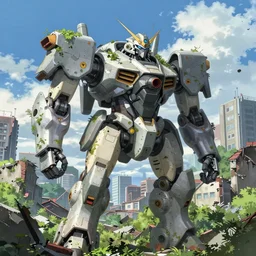 A giant batltlemech in city ruins, overtaken by vegetation, in anime style, highly detailed, by Makoto Shinkai and Raphael Lacoste