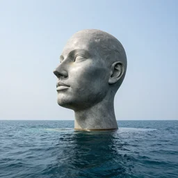 award winning sculpture of a human head and space, on the surface of the ocean, realistic water, ray tracing, 8 k resolution, long - shot, sharp focus, low angle, 8 5 mm photograph, wide lens