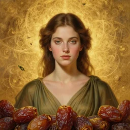 epic painting of beautiful goddess in olive dress with brown hair, golden glowing high quality luxurious background, close up portrait, sweet dried dates fruits,, photography by amy leibowitz, medjool dates wlop, jeremy lipkin, beeple, intricate golden fractals, tea leaves flying in the sky, symmetrical front portrait, artgerm