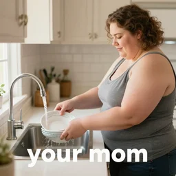 a very obese woman doing the dishes, text your mom
