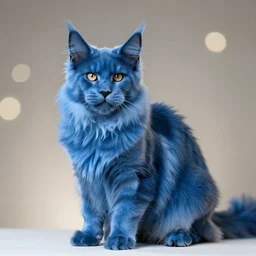 An extremely beautiful studio photo of a blue Maine Coon cat (it\'s a cat but it\'s bright blue), bokeh, 90mm, f/1.4