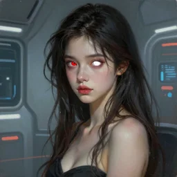 a portrait of a beautiful dark hair sexy waif girl with red eyes in a futuristic room, white eyes, bored, illustration, soft lighting, soft details, painting oil on canvas by Edmund Blair Leighton and Charlie Bowater octane render, HDR, trending on artstation, 4k, 8k, HD