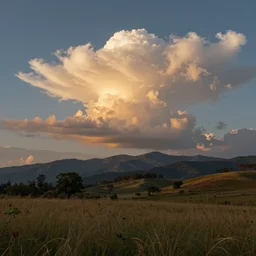 sunlit cumulonimbus clouds approach over background mountains towards a hilly, grassy field with sparse trees at sunset, very detailed, style of eyvind earle