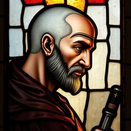 medieval stained glass window, detailed side portrait of letho of gulet, a 3 5 year old man, witcher, small eyes, side - view, profile view, bald, slight stubble, large head scar, detailed and masterful, backlit