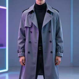 man wearing techwear fashion trenchcoat, neon lights, ultrarealistic