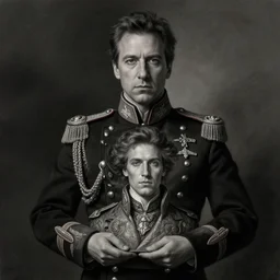 a portrait of john oliver holding a portrait of adam driver, military uniform, fantasy, intricate, elegant, beautiful, highly detailed, charcoal, centered, dark, smokey, digital painting, artstation, concept art, smooth, sharp focus, illustration, art by artgerm and greg rutkowski and alphonse mucha