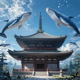 japan temple, blue, perspective, dappled light, looking up, studio ghibli, peter mohrbacher style, rendered in houdini. vfx, floating whales, particles, magic, unreal hd artstation trending 8 k, epic composition