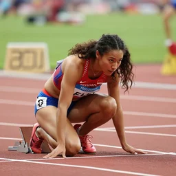 allyson felix, crouching at the 2 0 0 - meter starting line, hyperreal, sports photography in the style of neil leifer