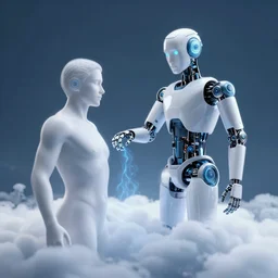 robotic ai god on the cloud is touching human adam, transferring new energy, the creation of adam, classical fresco by michelangelo buonarroti